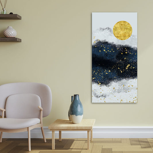 Abstract Gold Field Moon with Birds Canvas Wall Painting