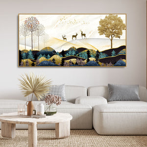 Abstract Golden Landscape Trees with Golden Deer Canvas Wall Painting