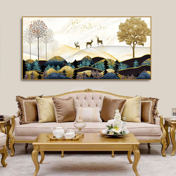 Abstract Golden Landscape Trees with Golden Deer Canvas Wall Painting