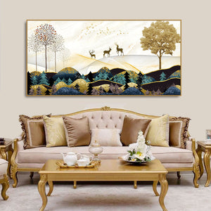 Abstract Golden Landscape Trees with Golden Deer Canvas Wall Painting