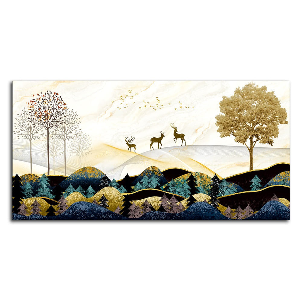 Abstract Golden Landscape Trees with Golden Deer Canvas Wall Painting