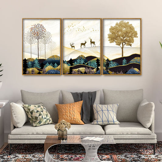 Abstract Golden Landscape Trees with Golden Deer Floating Canvas Wall Painting Set of Three