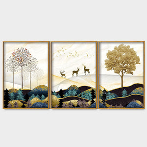 Abstract Golden Landscape Trees with Golden Deer Floating Canvas Wall Painting Set of Three