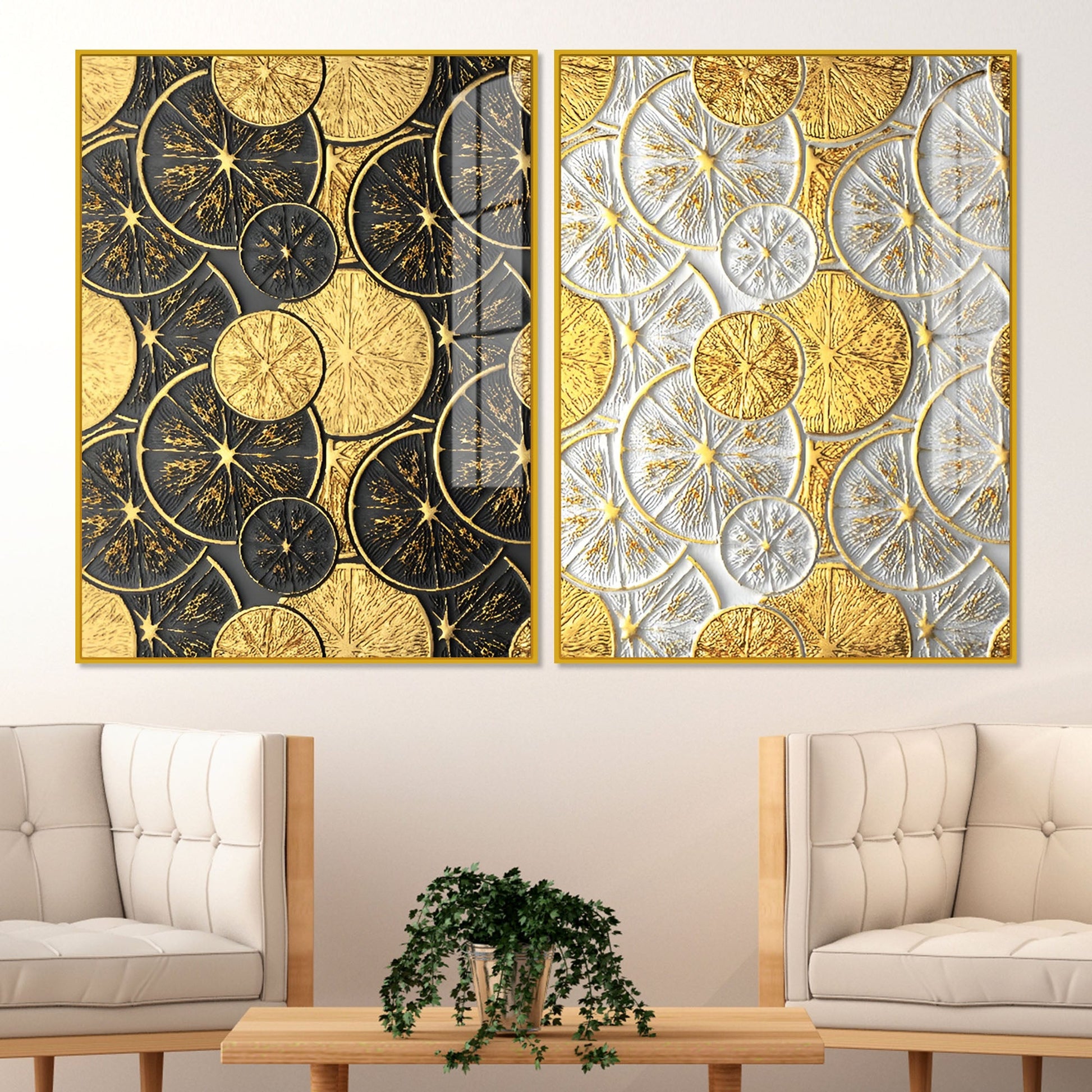 Abstract Golden Shapes Art Acrylic Floating Wall Painting Set Of 2