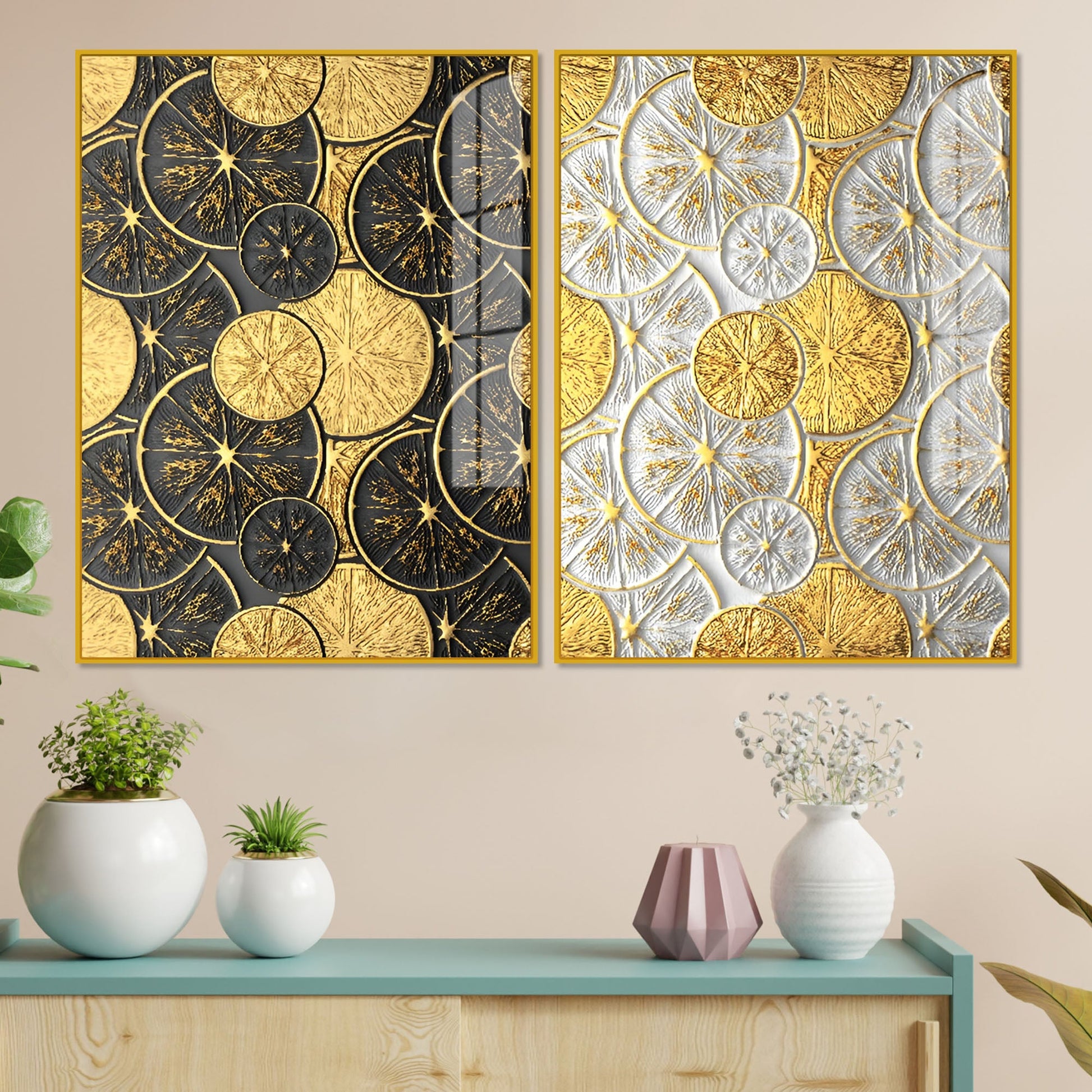 Abstract Golden Shapes Art Acrylic Floating Wall Painting Set Of 2