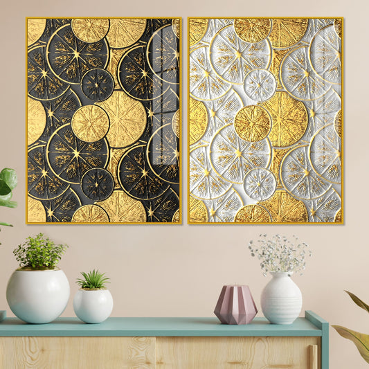 Abstract Golden Shapes Art Acrylic Floating Wall Painting Set Of 2