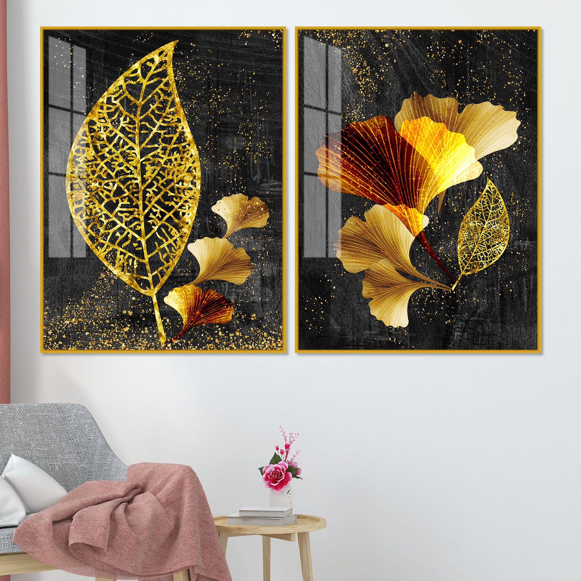 Abstract Golden Shiny Ginkgo Leaf Acrylic Floating Wall Painting Set Of 2