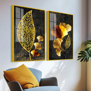 Abstract Golden Shiny Ginkgo Leaf Acrylic Floating Wall Painting Set Of 2