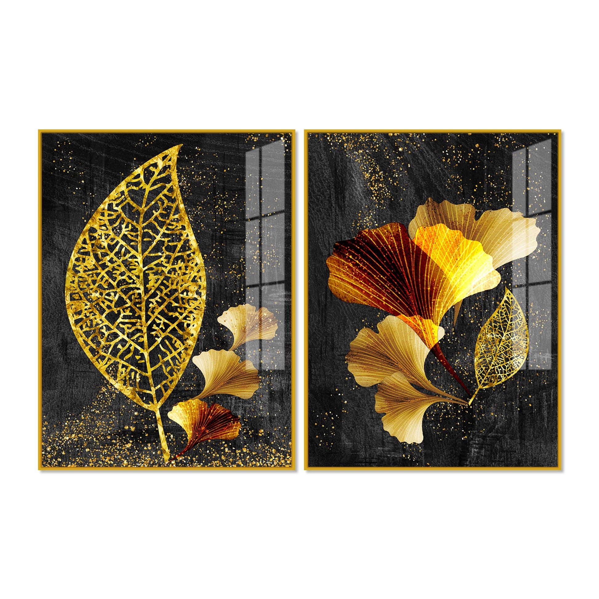 Abstract Golden Shiny Ginkgo Leaf Acrylic Floating Wall Painting Set Of 2