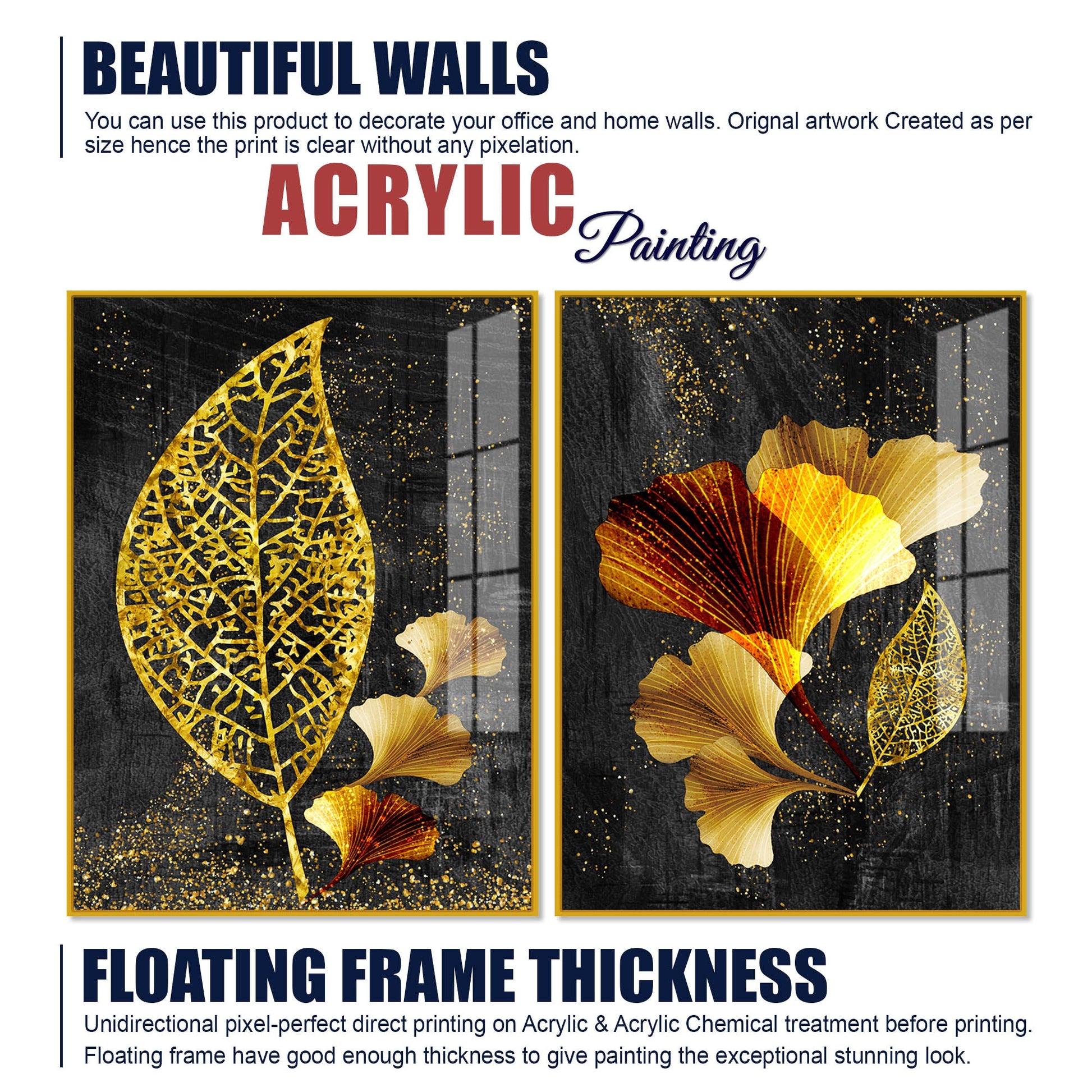 Abstract Golden Shiny Ginkgo Leaf Acrylic Floating Wall Painting Set Of 2