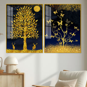 Abstract Golden Shiny Leaves Acrylic Floating Wall Painting Set Of 2