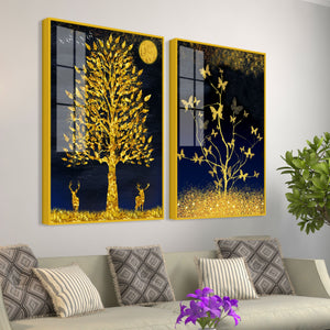 Abstract Golden Shiny Leaves Acrylic Floating Wall Painting Set Of 2