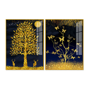 Abstract Golden Shiny Leaves Acrylic Floating Wall Painting Set Of 2