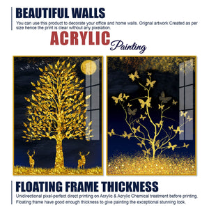 Abstract Golden Shiny Leaves Acrylic Floating Wall Painting Set Of 2