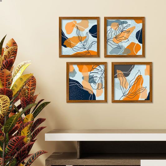 Abstract Leaves Line Art Wooden Wall Frame Set of Four