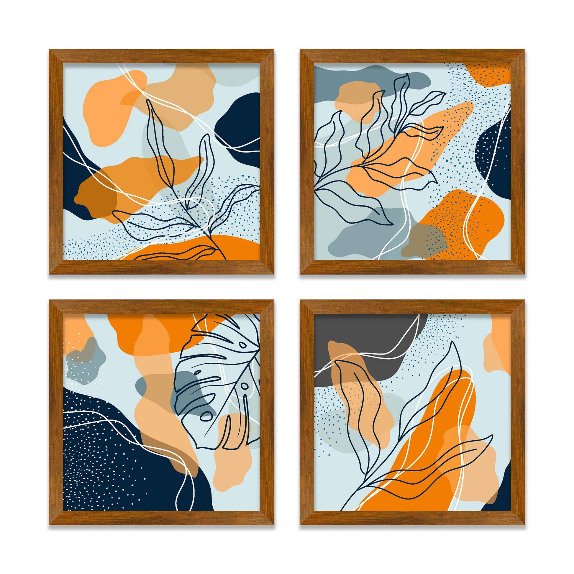 Abstract Leaves Line Art Wooden Wall Frame Set of Four