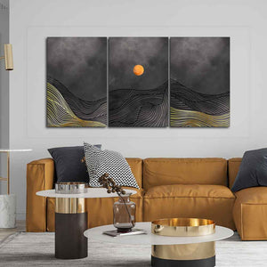 Abstract Line Art Sunset Three Pieces Wall Painting