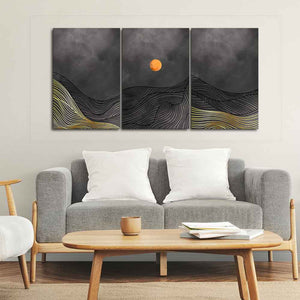 Abstract Line Art Sunset Three Pieces Wall Painting