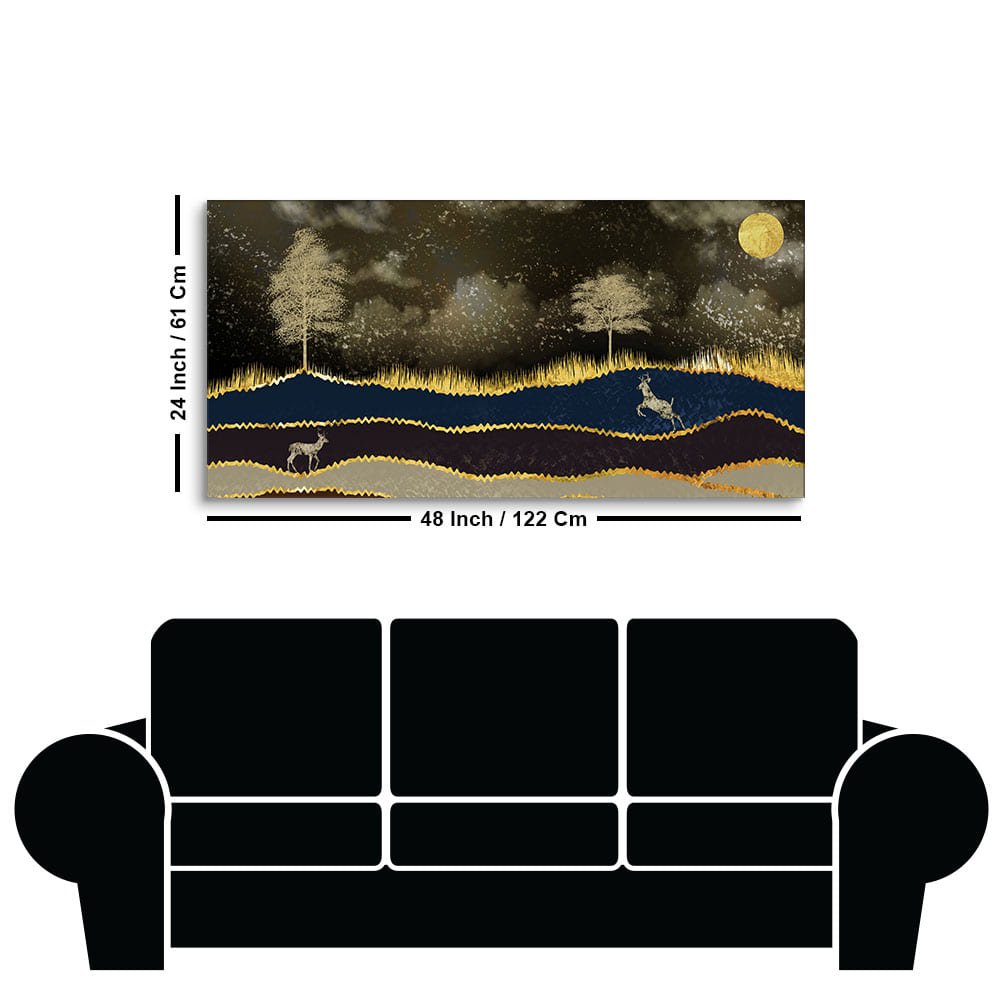 Abstract Midnight Golden Scenery with Deer Canvas Wall Painting