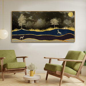 Abstract Midnight Golden Scenery with Deer Canvas Wall Painting