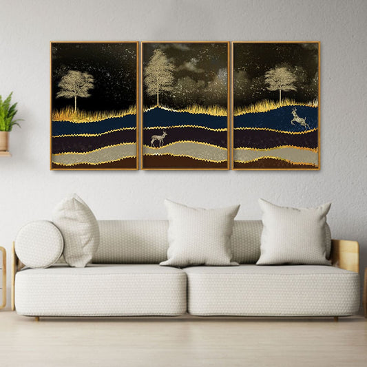 Abstract Midnight Golden Scenery with Deer Floating Canvas Wall Painting Set of Three