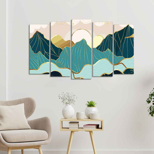 Abstract Mountains with Sunrise Background 5 Pieces Canvas Wall Painting