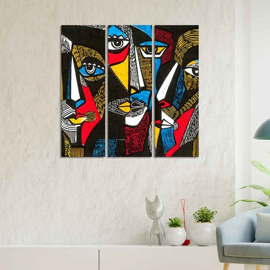 Abstract Pattern Faces Canvas Wall Painting Set of 3 Pieces