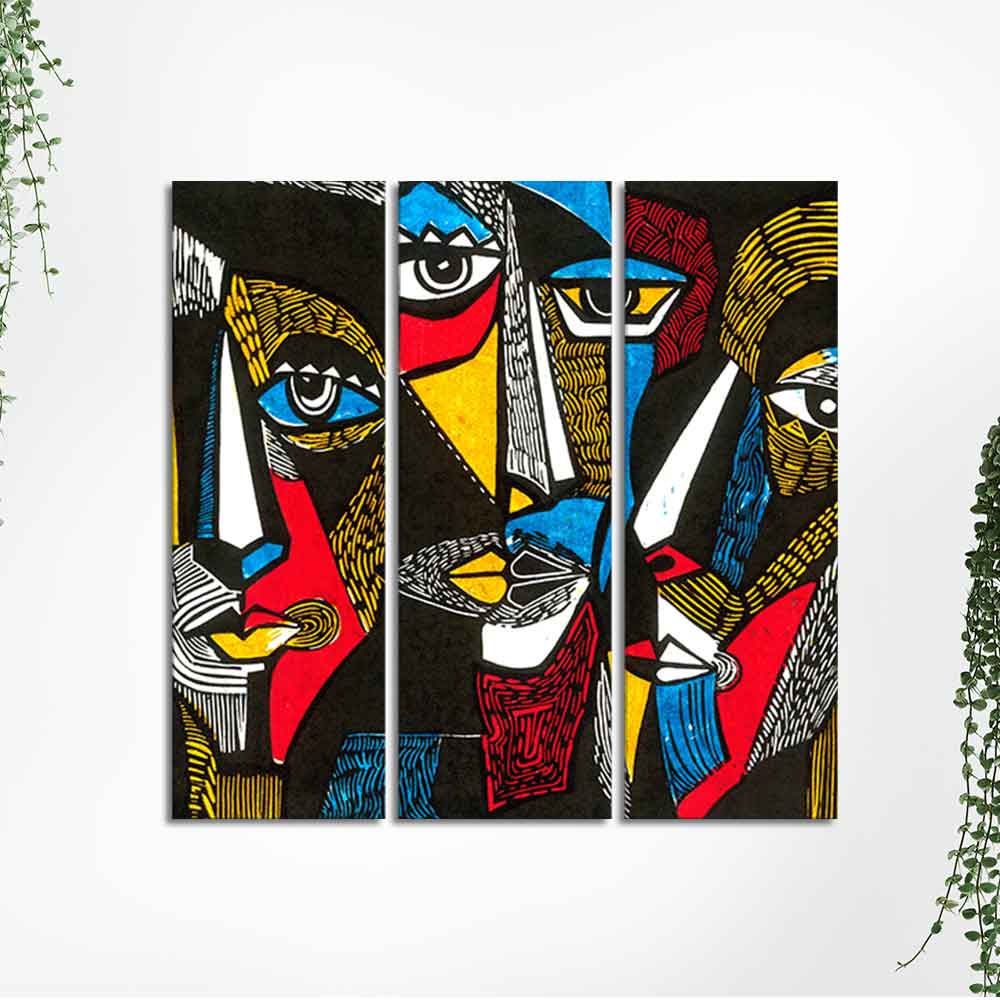 Abstract Pattern Faces Canvas Wall Painting Set of 3 Pieces