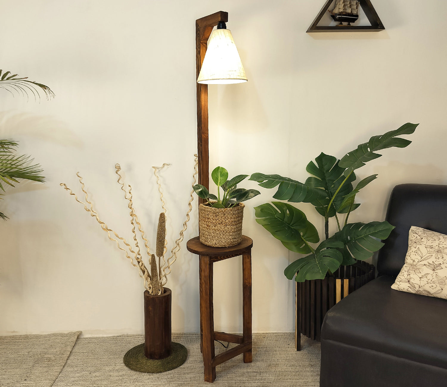 Accent Wooden Floor Lamp with Beige Fabric Lampshade