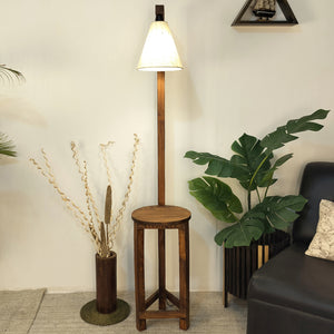 Accent Wooden Floor Lamp with Beige Fabric Lampshade