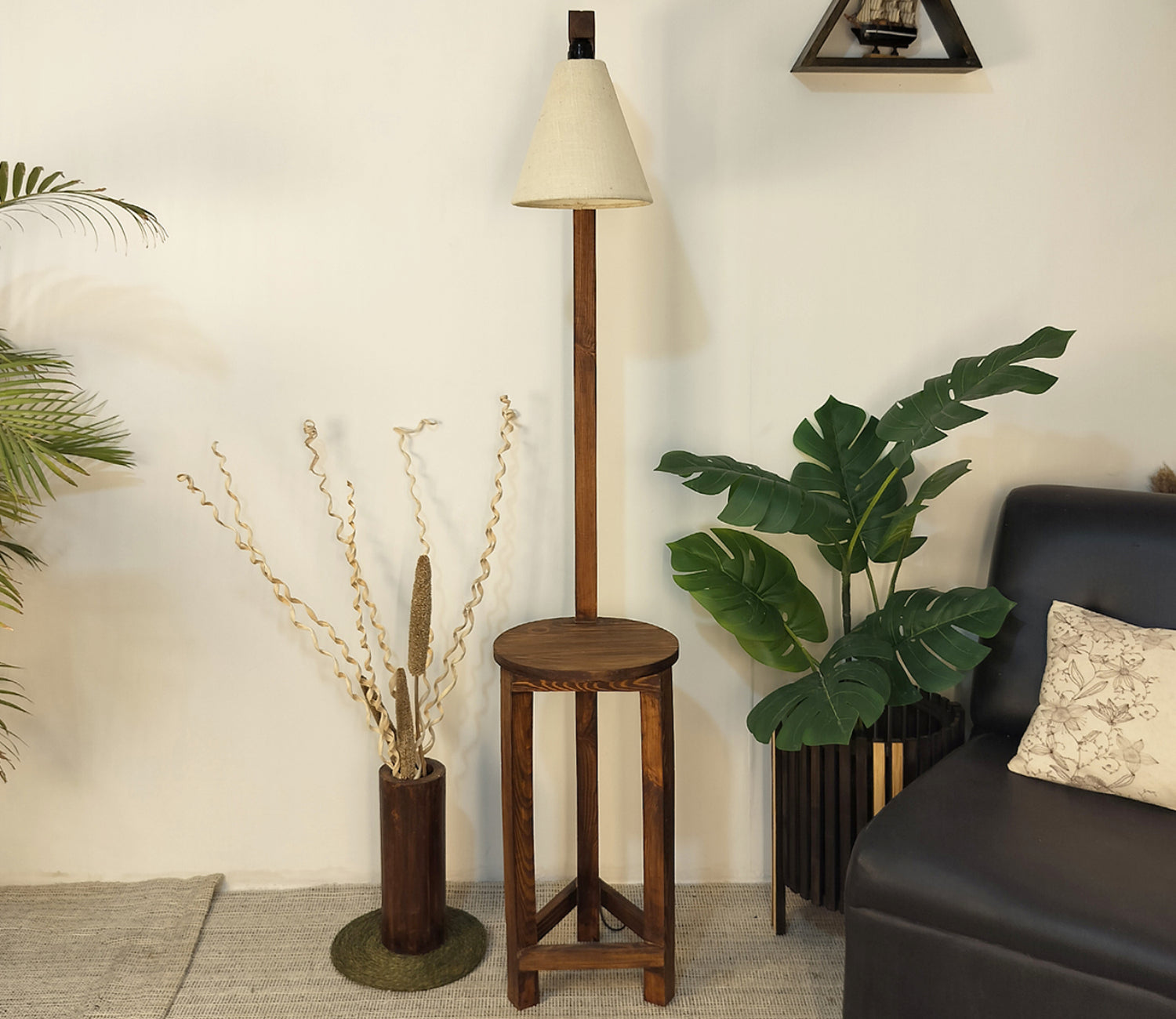 Accent Wooden Floor Lamp with Beige Fabric Lampshade