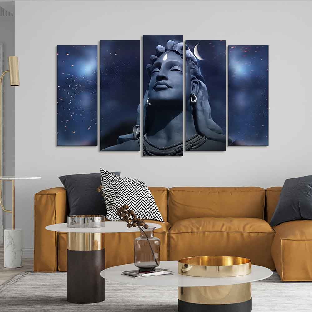 Adiyogi Shiva Statue Canvas Wall Painting Set of Five Pieces