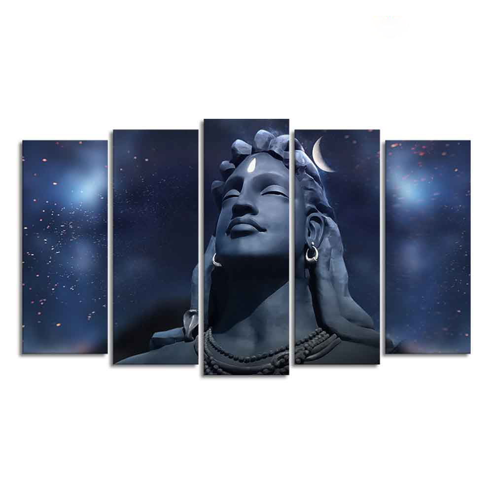 Adiyogi Shiva Statue Canvas Wall Painting Set of Five Pieces