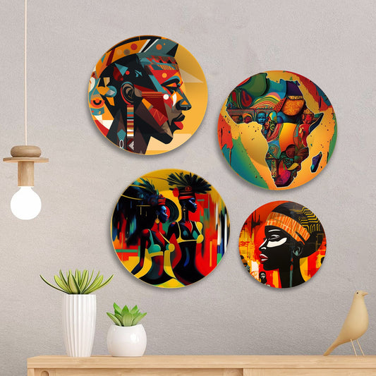 African Tribal Art Wall Plates Painting Set of Four