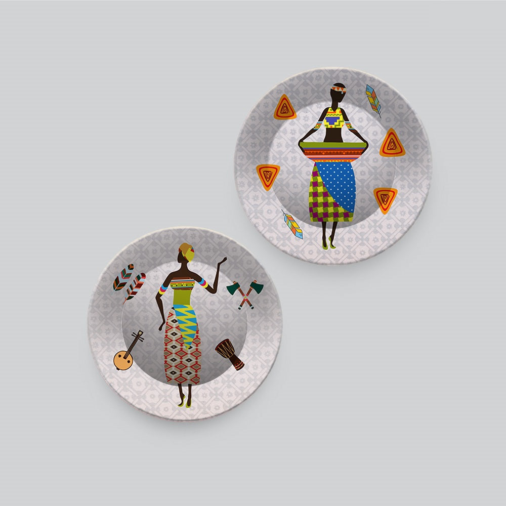 African Warli Art Dance Ceramic Wall Hanging Plates of Two Pieces