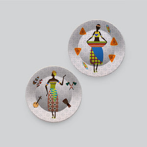 African Warli Art Dance Ceramic Wall Hanging Plates of Two Pieces