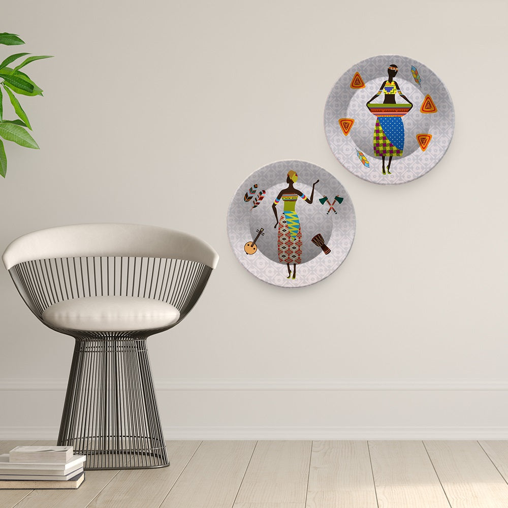 African Warli Art Dance Ceramic Wall Hanging Plates of Two Pieces