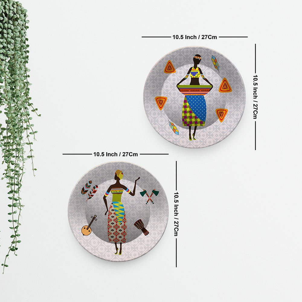 African Warli Art Dance Ceramic Wall Hanging Plates of Two Pieces