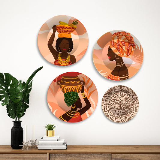 African Women Premium Wall Plates Painting Set of Four