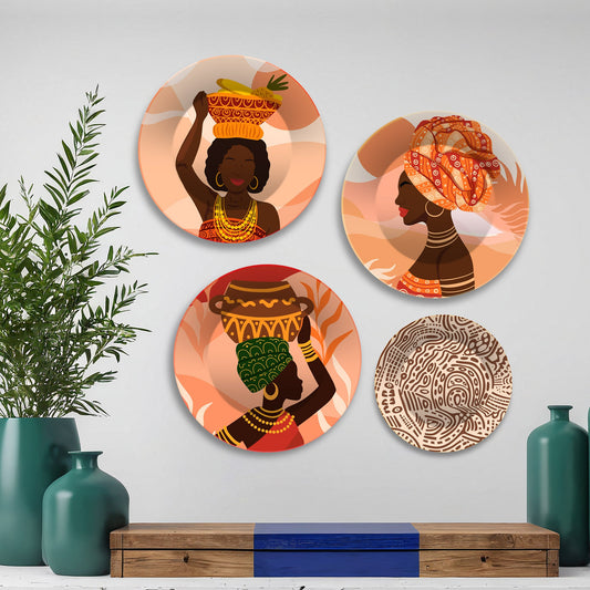 African Women Premium Wall Plates Painting Set of Four