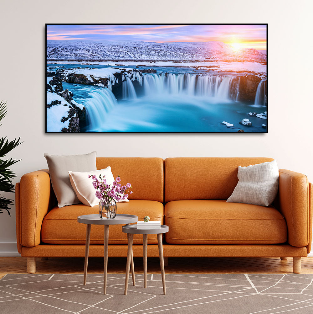 Amazing Godafoss Waterfall in Winter Premium Canvas Wall Painting