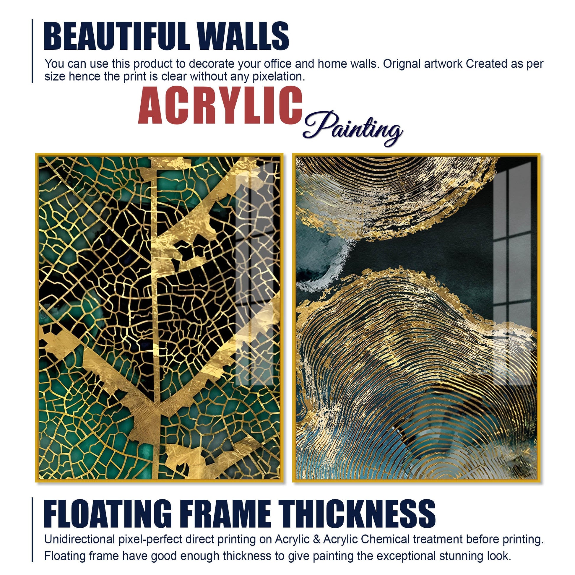 Amazing Golden Pattern Acrylic Floating Wall Painting Set of 2