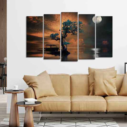 Amazing Tree Under The Moon Premium Wall Painting Set of 5 Pieces