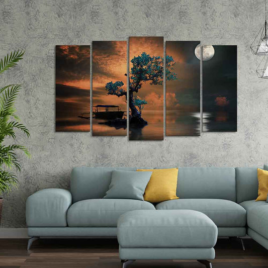 Amazing Tree Under The Moon Premium Wall Painting Set of 5 Pieces