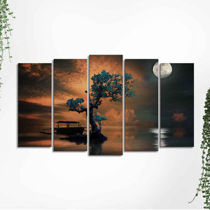 Amazing Tree Under The Moon Premium Wall Painting Set of 5 Pieces