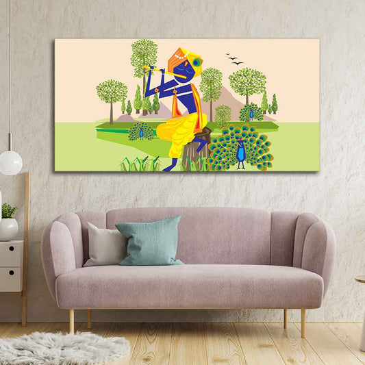 Animated Little Krishna With Flute Canvas Wall Painting