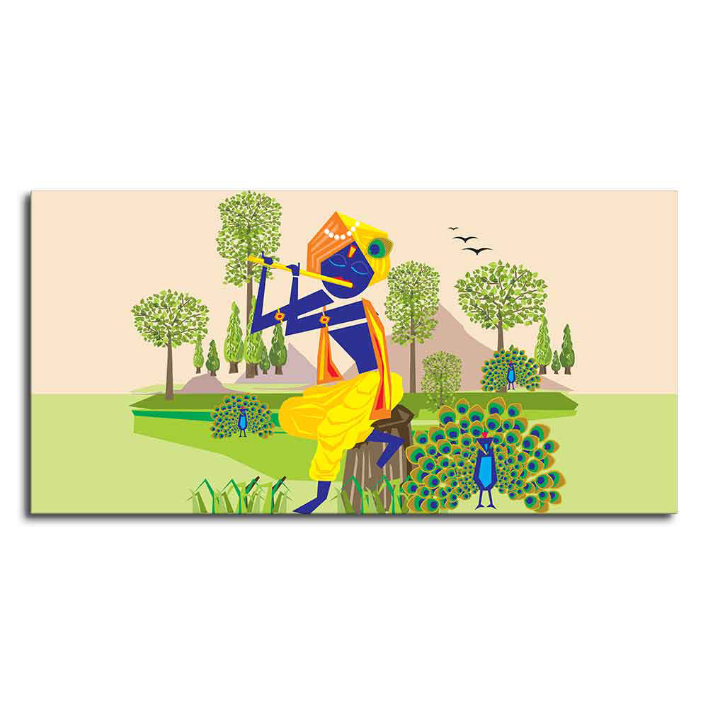 Animated Little Krishna With Flute Canvas Wall Painting