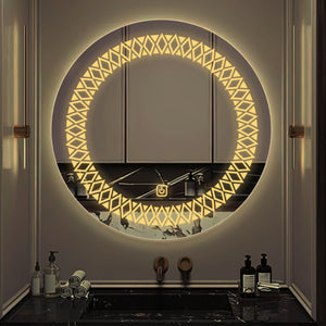 Artistic Pattern Design Art LED Rounded Shape Bathroom Wall Mirror