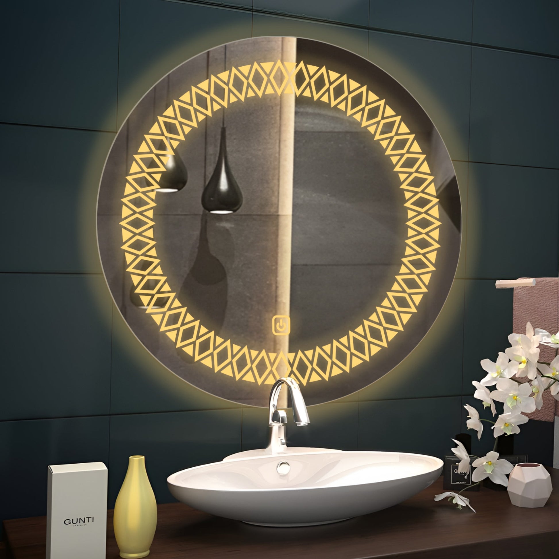 Artistic Pattern Design Art LED Rounded Shape Bathroom Wall Mirror