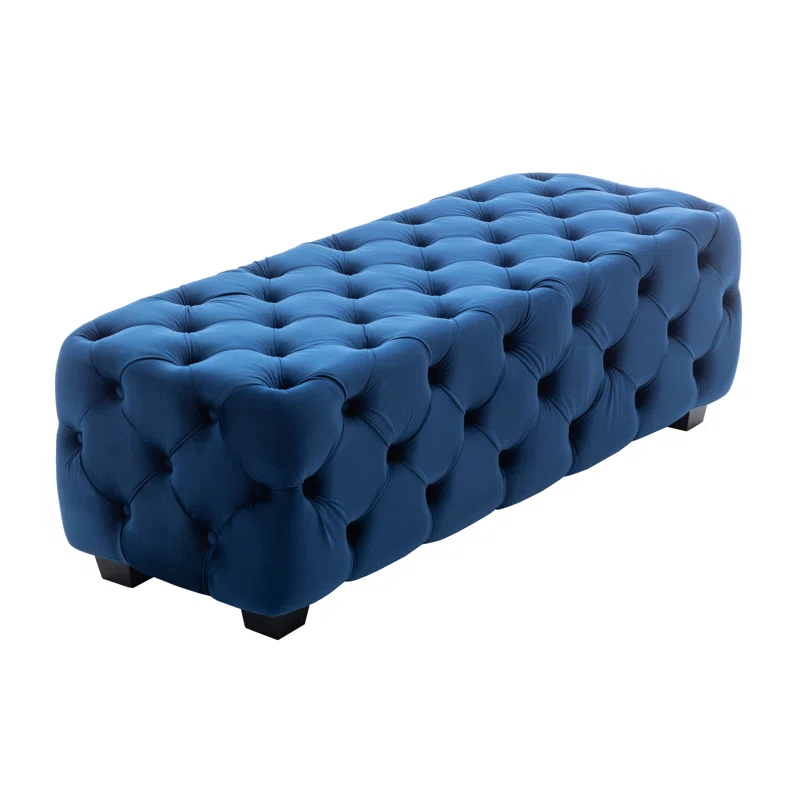 Artistic Tufted Blue Velvet Rectangular Ottoman